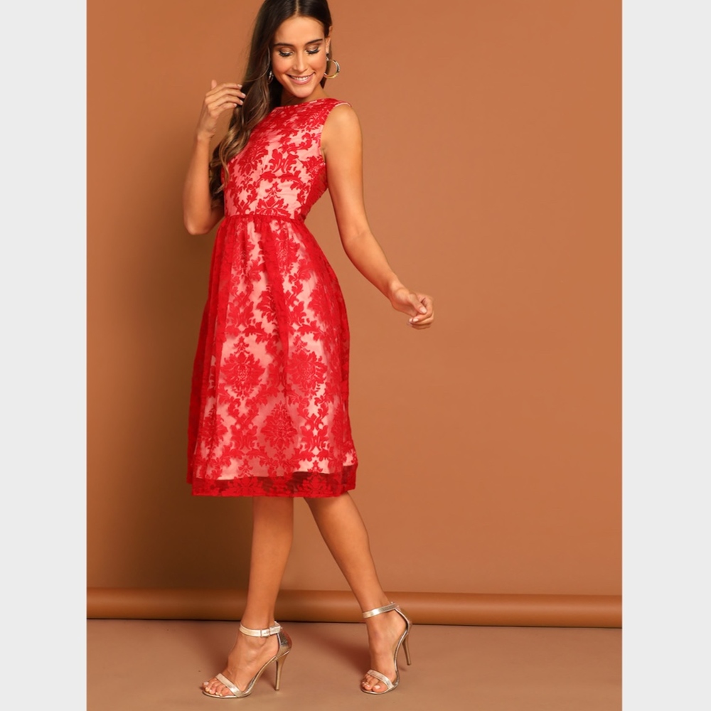 Red Mesh Floral Damask Fit & Flare Dress - Picture 3 of 8